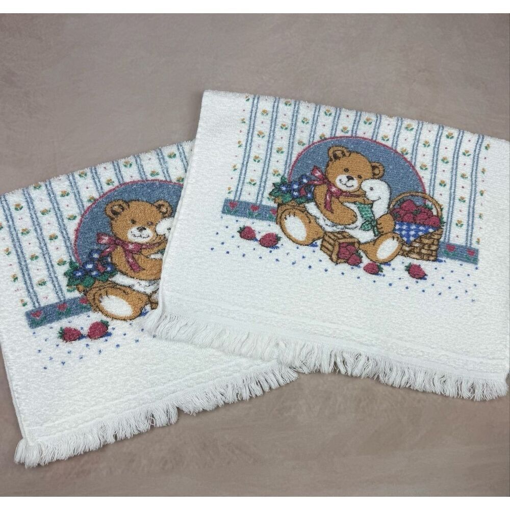 Vintage Bear Goose Hand Towels Set of 2 Cottagecore Hearts